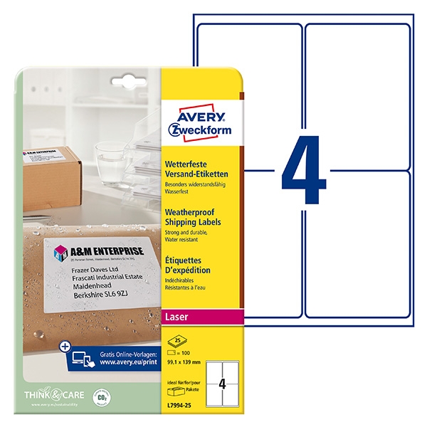 Avery Zweckform etikety 99.1mm x 139mm, A4, bílé, 1 etiketa, voděodolné, baleno po 25 ks, L7994-25, pro laserové tiskárny