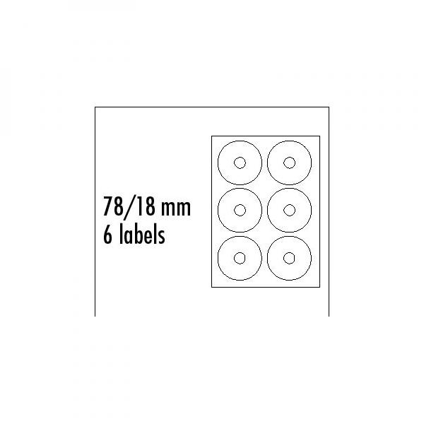 Logo etikety na CD 78/18mm, A4, matné, bílé, 6 etiket, 140g/m2, baleno po 25 ks, pro inkoustové a laserové tiskárny