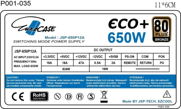 EUROCASE zdroj 650W Eco+, 120mm, 80+ Bronze, ATX