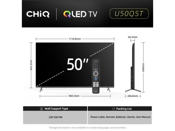CHiQ U50QST TV 50", UHD, QLED, ultratenká, Google TV, DLG 120 Hz, Dolby Audio, Frameless, metalická
