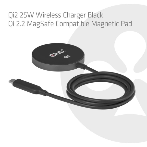 Club3D Bezdrátová nabíječka, 1x Qi2 25W, MagSafe, Qi certifikováno, černá