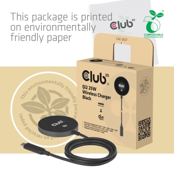 Club3D Bezdrátová nabíječka, 1x Qi2 25W, MagSafe, Qi certifikováno, černá