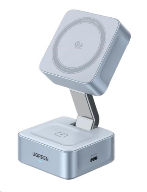 UGREEN magnetická bezdrátová nabíječka 2v1 MagFlow Qi2.2, 25W, MagSafe, stříbrná