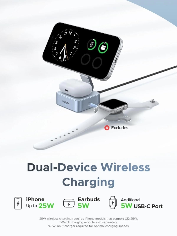 UGREEN magnetická bezdrátová nabíječka 2v1 MagFlow Qi2.2, 25W, MagSafe, stříbrná