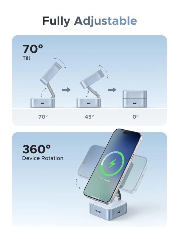 UGREEN magnetická bezdrátová nabíječka 2v1 MagFlow Qi2.2, 25W, MagSafe, stříbrná