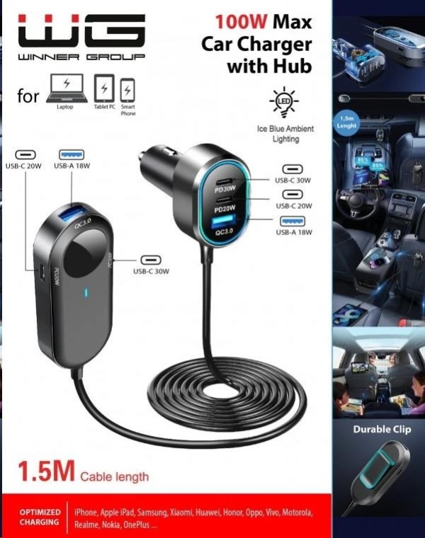 WG - Autonabíječka rozbočovač / 100W / 6 USB ports / 2x USB-A + 4x USB-C / s prodloužením