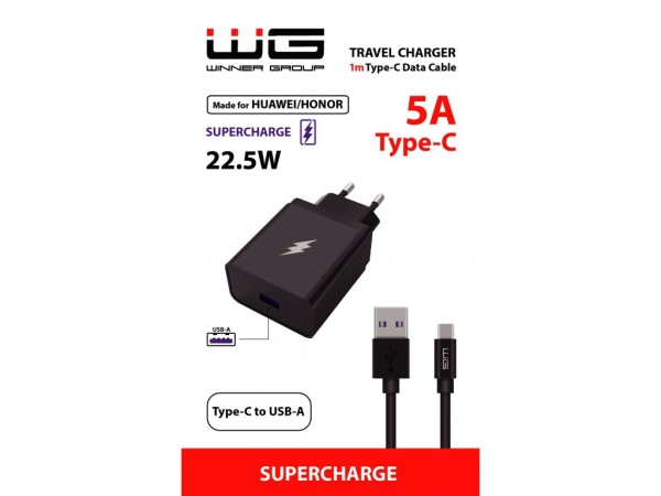 WG - Síťová nabíječka 1x USB-A 22,5W, SuperCharge, 5V-9V-12V, + kabel USB-A na Type-C (5A), černá
