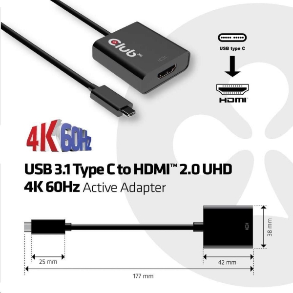 Club3D Adaptér aktivní USB 3.1 typ C na HDMI 2.0 UHD 4K60Hz HDR, 17cm