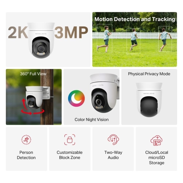 MERCUSYS MC510 venkovní-outdoor kamera (3MP, 2K, 1296p, IR 30m, WiFi, microSD)