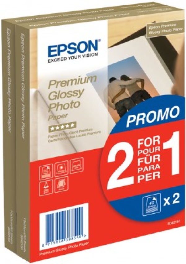 Epson Premium Glossy Photo Paper, foto papír, promo 1+1 zdarma typ lesklý, bílý, 10x15cm, 4x6", 255 g/m2, 2x40 ks, C13S042167, ink