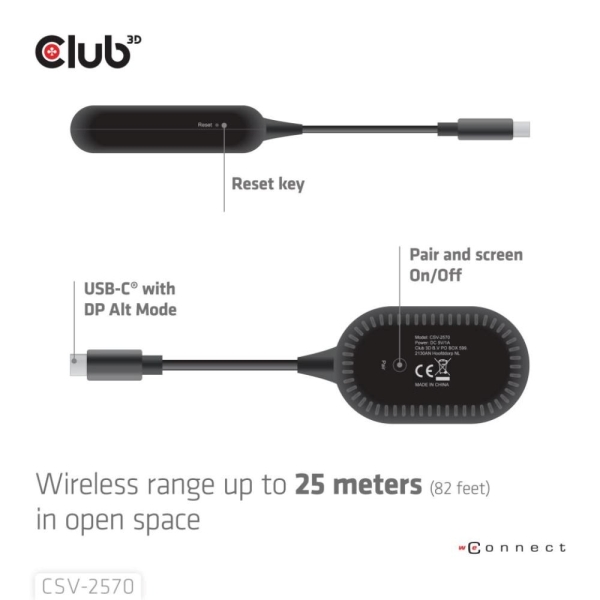 Club3D Bezdrátový adaptér (vysílač) USB-C na HDMI, Full HD, dosah 25m