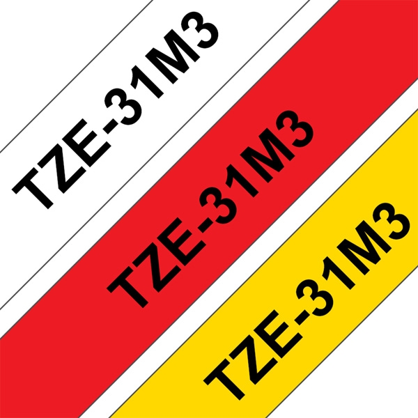 Brother TZe-31M3 - Černá na červené, černá na bílé, černá na žluté - Role (1,2 cm x 8 m) 3 kazeta/y lamino páska - pro P-Touch PT-1000, 1010, 1080, 1090, 1280, 1830, 3600, 7500, 7600, 900, E100, E550, H100