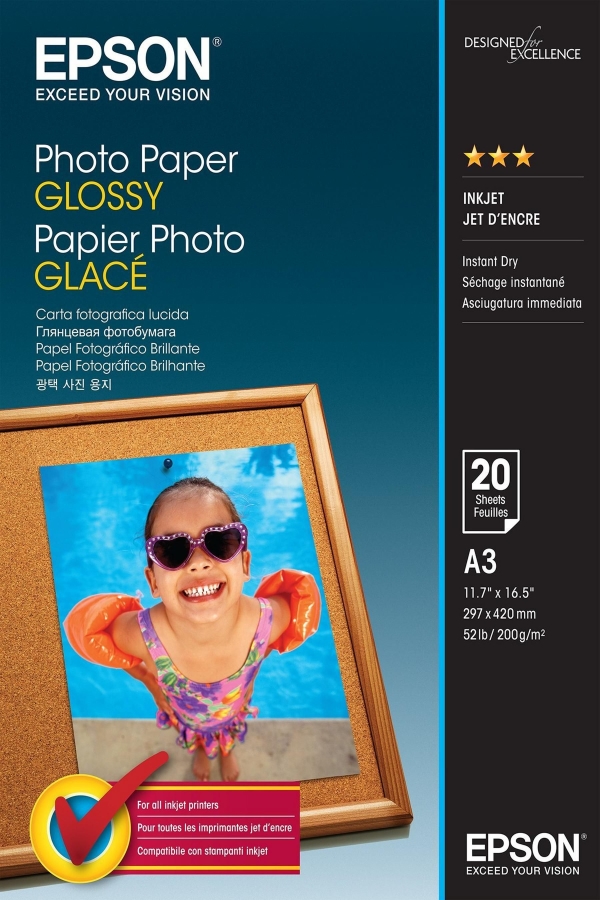 Epson Glossy Photo Paper, foto papír, lesklý, bílý, Stylus Color, Photo, Pro, A3, 200 g/m2, 20 ks, C13S042536, inkoustový