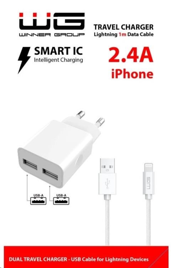 WG - Síťová nabíječka 2x USB-A 2,4A , Smart IC + kabel USB-A na Lightning, white
