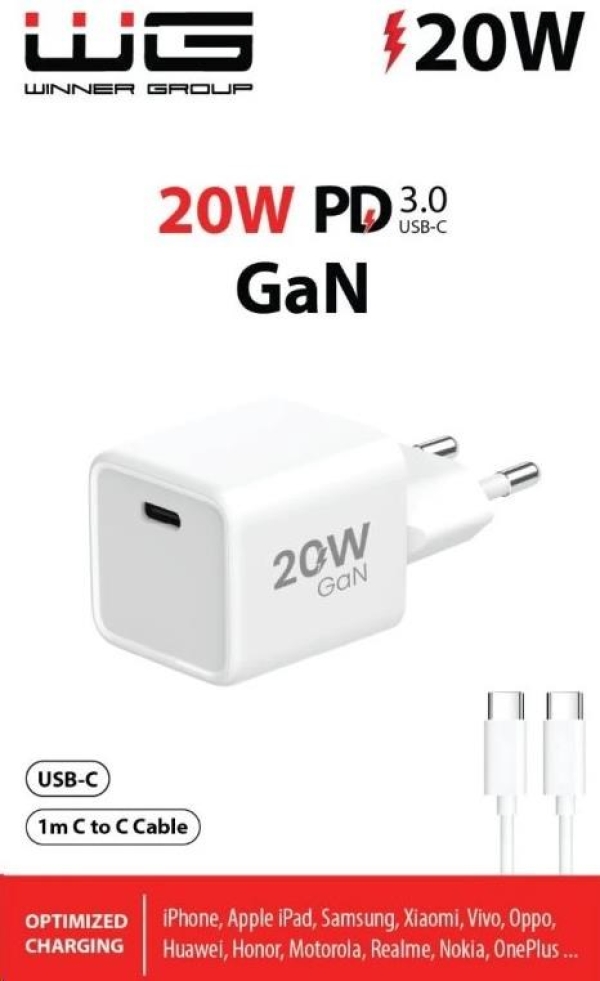 WG - Síťová nabíječka 1x USB-C PD 20W, 5V-9V-12V, kabel Type-C na Type-C, bílá