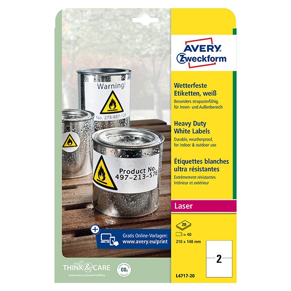 Avery Zweckform etikety 210mm x 148mm, A4, matné, bílé, 2 etikety, velmi odolné, baleno po 20 ks, L4717-20, pro laserové tiskárny 