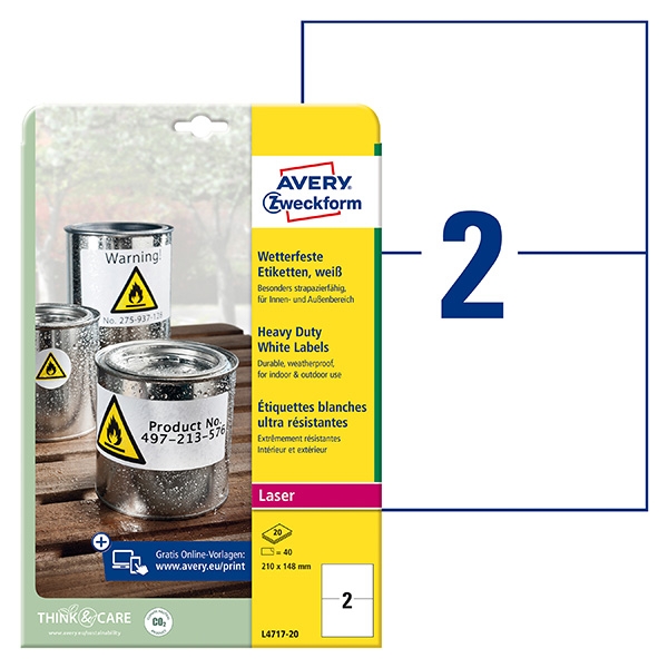 Avery Zweckform etikety 210mm x 148mm, A4, matné, bílé, 2 etikety, velmi odolné, baleno po 20 ks, L4717-20, pro laserové tiskárny 