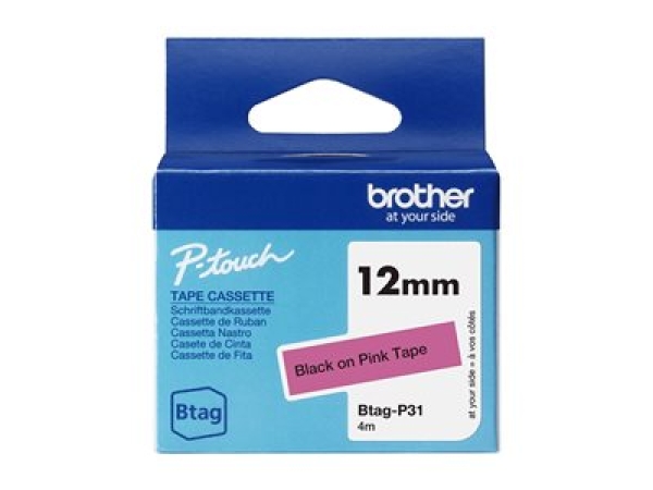 Brother BTAG-P31 - Black on pink - Role (1,2 cm x 4 m) 1 kazeta/y závěsný box - páska nálepek