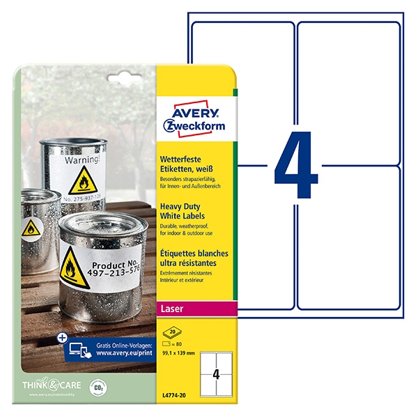 Avery Zweckform etikety 99.1mm x 139mm, A4, matné, bílé, 4 etikety, velmi odolné, baleno po 20 ks, L4774-20, pro laserové tiskárny