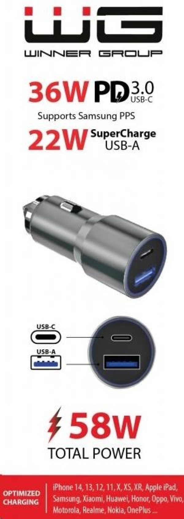 WG - Nabíječka do auta 2x USB 58,5W , 1x USB-C PD 36W + 1x USB-A 22.5W, stříbrná