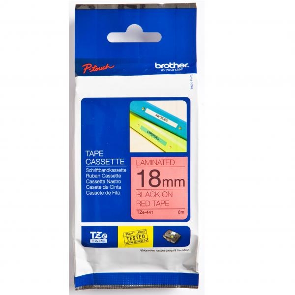 Brother TZe-441 - Standardní lepidlo - černá na červené - Role (1,8 cm x 8 m) 1 kazeta/y lamino páska - pro Brother PT-D600; P-Touch PT-1880, D450, D800, E550, E800, P900, P950; P-Touch EDGE PT-P750