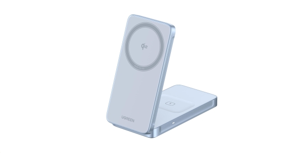 UGREEN magnetická bezdrátová nabíječka 2v1 MagFlow Qi2.2, 25W, MagSafe, stříbrná