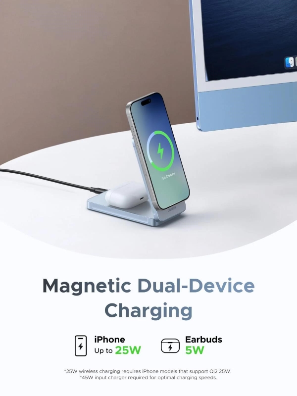 UGREEN magnetická bezdrátová nabíječka 2v1 MagFlow Qi2.2, 25W, MagSafe, stříbrná