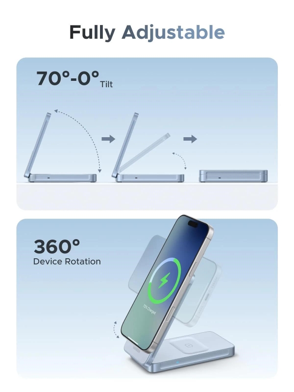 UGREEN magnetická bezdrátová nabíječka 2v1 MagFlow Qi2.2, 25W, MagSafe, stříbrná