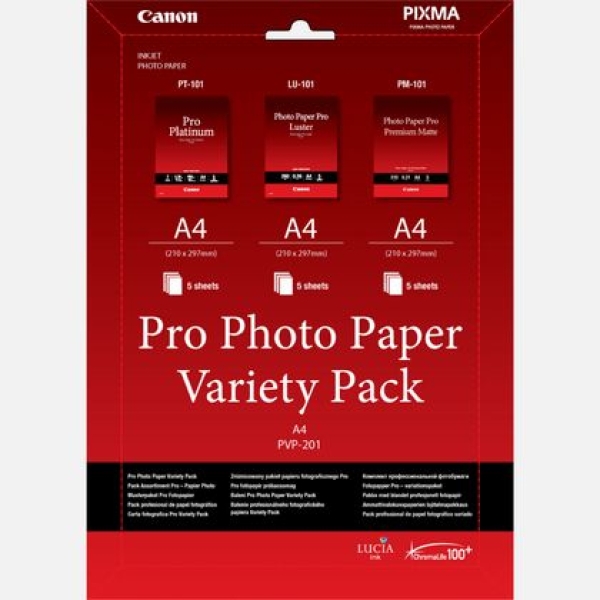 Canon Photo Paper Pro Variety Pack PVP-201, foto papír, 5x matný PM-101, 5x lesklý PT-101, 5x LU-101 typ bílý, A4, 15 ks, 6211B021