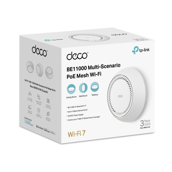 TP-Link Deco BE65-PoE(3-pack) WiFi7 Mesh (BE9300,2,4GHz/5GHz/6GHz,2x5GbELAN/WAN,1xPoE)