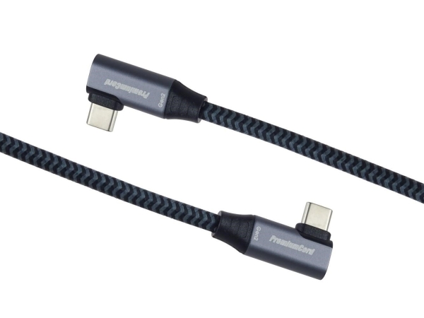 PremiumCord USB-C 2x zahnutý kabel ( USB 3.2 GEN 2x2, 5A, 100W, 20Gbit/s ) bavlněný oplet, délka: 2m