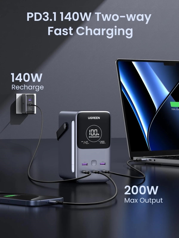 UGREEN powerbanka s rychlým nabíjením 48000mAh 5-port s displejem a LED, Li-ion, 300W, 3x USB-C, 2x USB-A, stříbrná