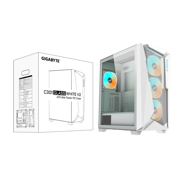 GIGABYTE case GB-C301GW V2, Mid tower, Průhledná bočnice, 4x 120mm ARGB Fan, bílá