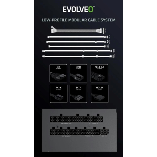 EVOLVEO G850 zdroj 850W, 80+ GOLD, ATX 3.1, aPFC, 140 mm ventilátor, záruka 3 roky, bílý