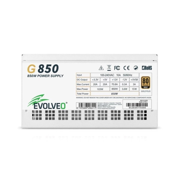 EVOLVEO G850 zdroj 850W, 80+ GOLD, ATX 3.1, aPFC, 140 mm ventilátor, záruka 3 roky, bílý
