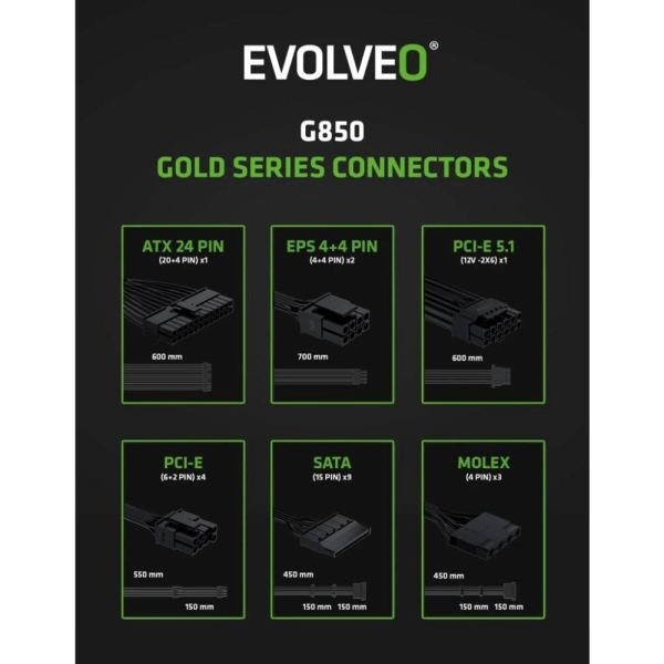 EVOLVEO G850 zdroj 850W, 80+ GOLD, ATX 3.1, aPFC, 140 mm ventilátor, záruka 3 roky, bílý