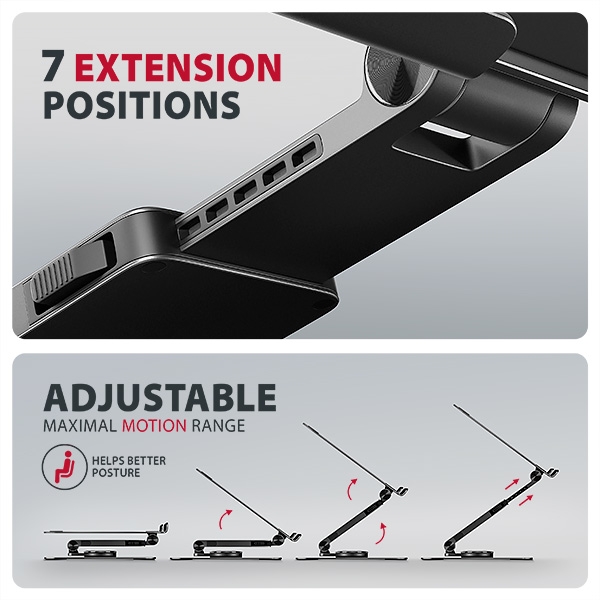 AXAGON STND-LRB, hliníkový stojan pro notebooky 10"-17.3" s nastavitelnou výškou, úhlem a 360° rotací, černý