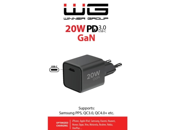WG - Síťová nabíječka GaN 1x USB-C, PD 20W, 5V-9V-12V, černá
