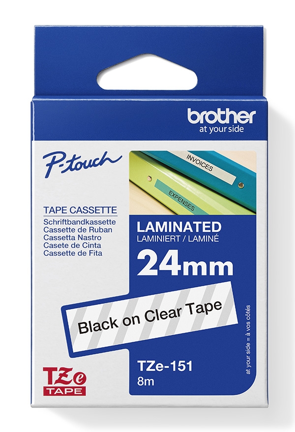 Brother TZe-151 - Standardní lepidlo - černá na průhledné - Role (2,4 cm x 8 m) 1 kazeta/y lamino páska - pro Brother PT-D600; P-Touch PT-750, D800, E550, E800, P750, P900, P950; P-Touch EDGE PT-P750