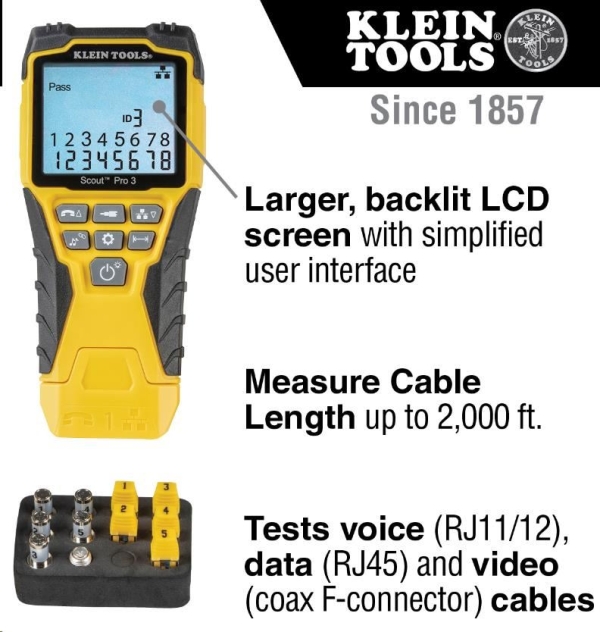 KLEIN TOOLS - VDV Scout® Pro 3 Tester Kit - 5x RJ45, 5x F-konektor