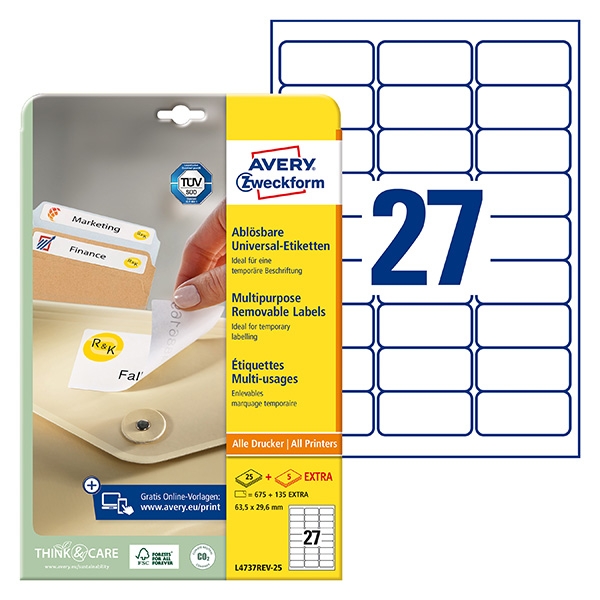 Avery Zweckform etikety 63.5mm x 29.6mm, A4, bílé, 27 etiket, odnímatelná, baleno po 25 ks, L4737REV-25, pro laserové a inkoustové
