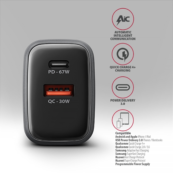 AXAGON ACU-PQ67, GaN nabíječka do sítě 67W, výstup USB-A + USB-C, PD3.0/PPS/QC4+/SFC2.0/Apple