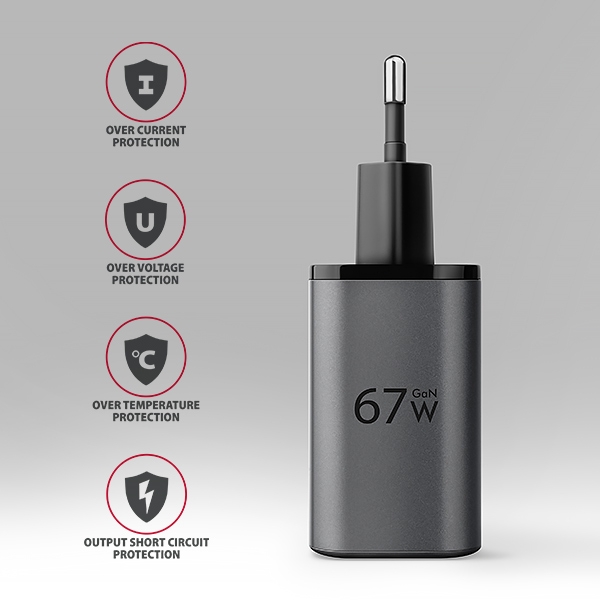 AXAGON ACU-PQ67, GaN nabíječka do sítě 67W, výstup USB-A + USB-C, PD3.0/PPS/QC4+/SFC2.0/Apple