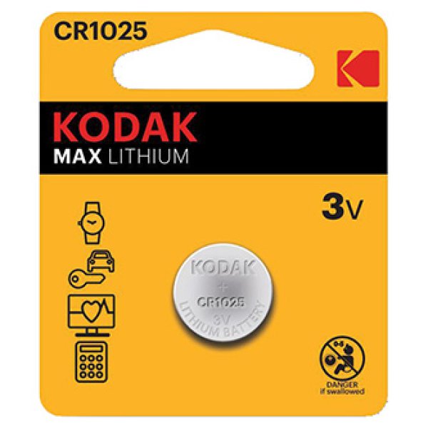 Baterie jednorázová lithiová, knoflíková, CR1025, 3V, Kodak, blistr, 2-pack, KOD-1025BL2, knoflíková
