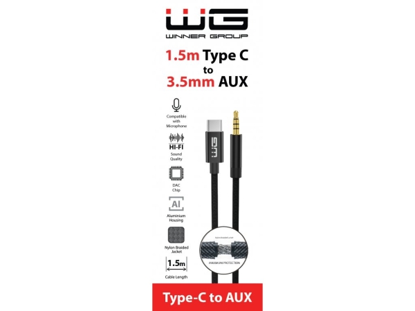 WG - Kabel Type-C (male) na AUX 3,5mm jack (male), 1,5metru, DAC chip, černá