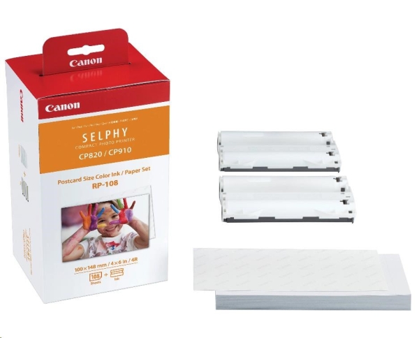 Canon RP-108 papír + ink, foto papír, lesklý, termo typ bílý, SELPHY CP820, CP910, CP1000, CP1200, CP1300, 10x15cm, 4x6", 108 ks, 