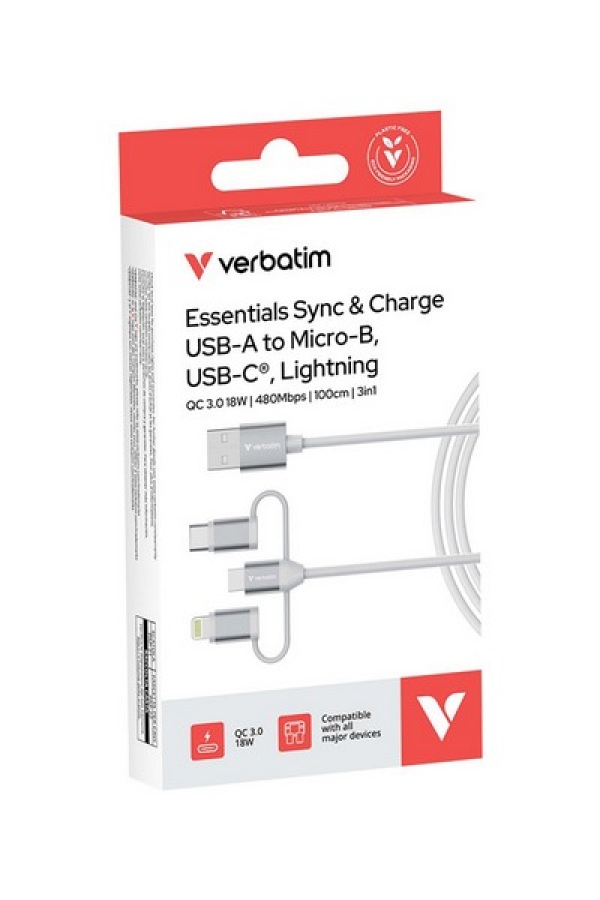 Verbatim USB kabel USB A samec - Micro-B, USB-C, Lightning Cable, 18W, 1m, bílá, box, 32394
