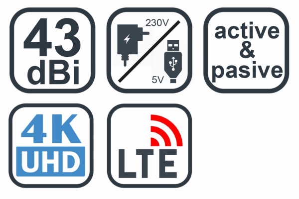 EVOLVEO Xany 2B LTE 230/5V, 43dBi aktivní pokojová anténa DVB-T/T2, LTE filtr