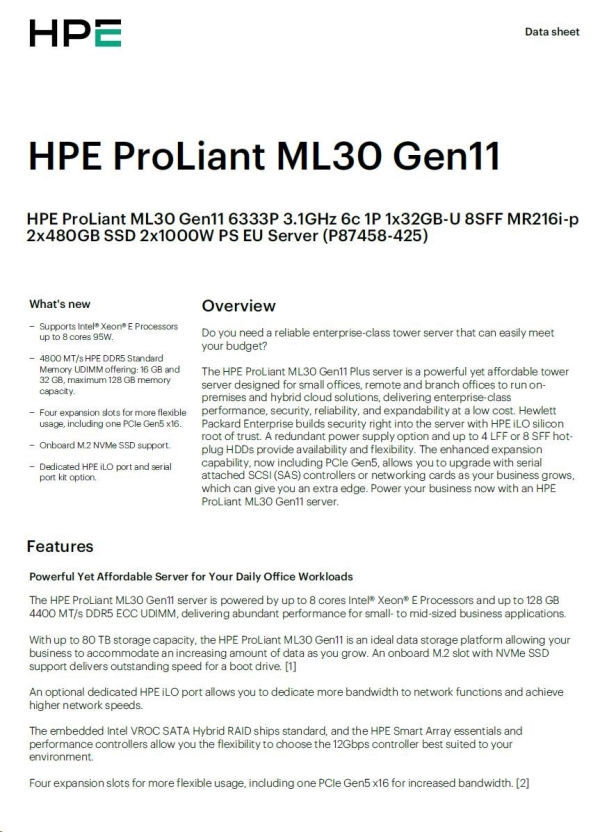 HPE PL ML30g11 6333P (3.1G/6C12T/65W) 1x32G 2x480G 2x1000W MR216i-p 8SFF 4p1G NBD311 Smart Choice