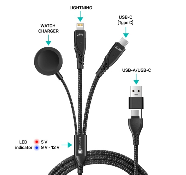 CONNECT IT Nabíjecí kabel Wirez 6v1, USB-C/USB, Lightning, Bezdrátová nabíječka na hodinky, 1.25m, černá